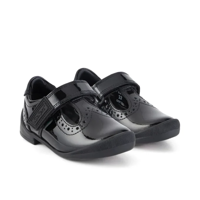 Bottes Bridie Brogue T-Vel en cuir verni noir pour filles en bas âge