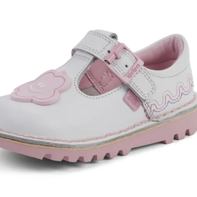 Chaussures T-Bar Wave en cuir blanc pour bébé fille