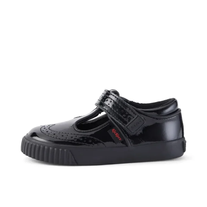 Chaussures Tovni Brogue T-Bar en cuir verni noir pour filles en bas âge Chaussures Tovni Brogue T-Bar en cuir verni noir pour filles en bas âge