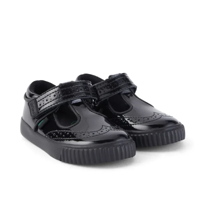 Chaussures Tovni Brogue T-Bar en cuir verni noir pour filles en bas âge Chaussures Tovni Brogue T-Bar en cuir verni noir pour filles en bas âge