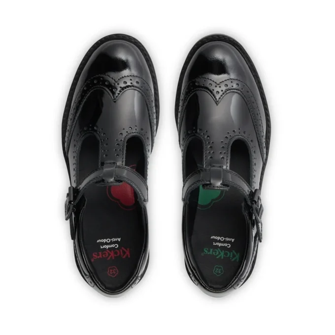 Jeunes filles Lachly Brogue T Bar Cuir verni Noir Jeunes filles Lachly Brogue T Bar Cuir verni Noir