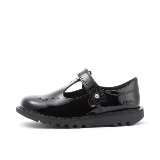 Kick T-Bar Bloom en cuir verni noir pour filles Kick T-Bar Bloom en cuir verni noir pour filles