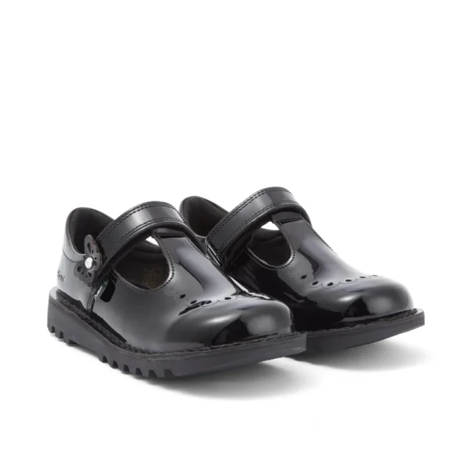 Kick T-Bar Bloom en cuir verni noir pour filles Kick T-Bar Bloom en cuir verni noir pour filles
