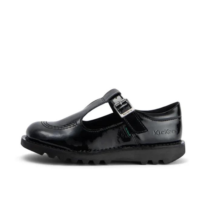 Kick T-Bar en cuir synthétique pour filles, noir verni