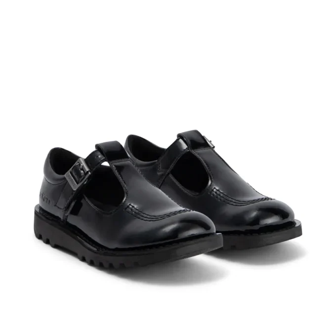 Kick T-Bar en cuir synthétique pour filles, noir verni