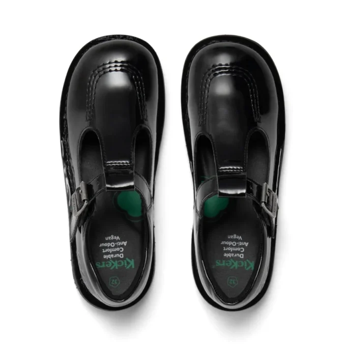 Kick T-Bar en cuir synthétique pour filles, noir verni