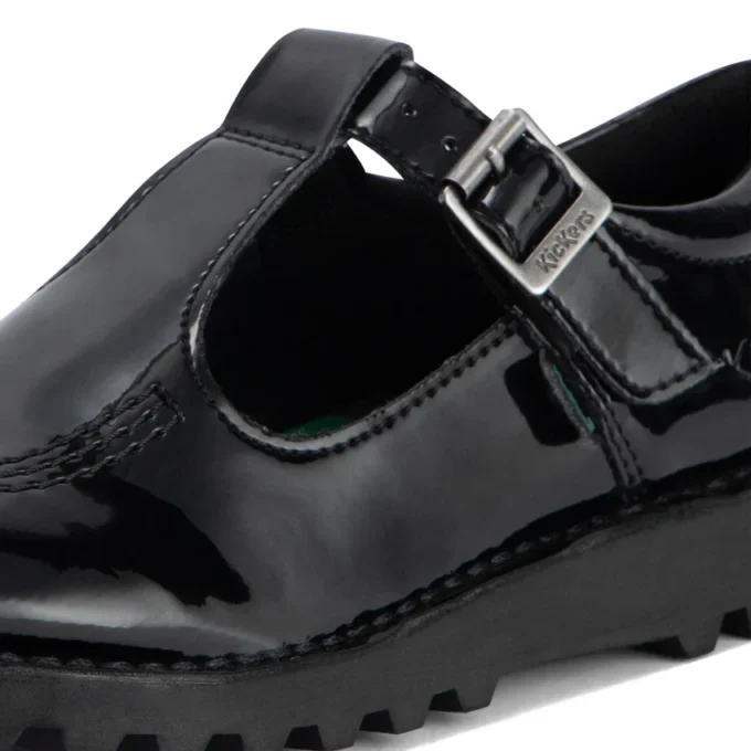 Kick T-Bar en cuir synthétique pour filles, noir verni