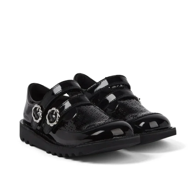 Kick T-Bar Meadow en cuir verni noir pour filles