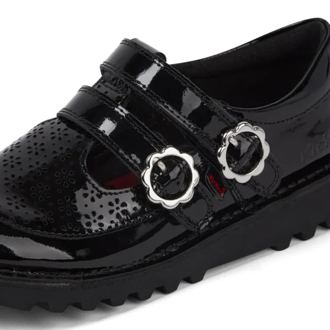 Kick T-Bar Meadow en cuir verni noir pour filles
