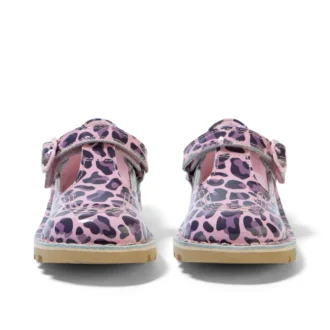 Kick T Bar pour bébés filles en cuir verni léopard rose