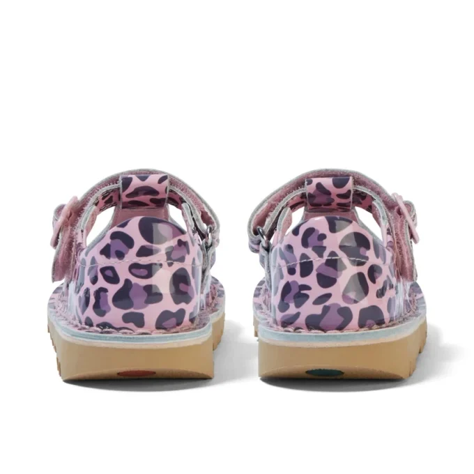 Kick T Bar pour bébés filles en cuir verni léopard rose Kick T Bar pour bébés filles en cuir verni léopard rose