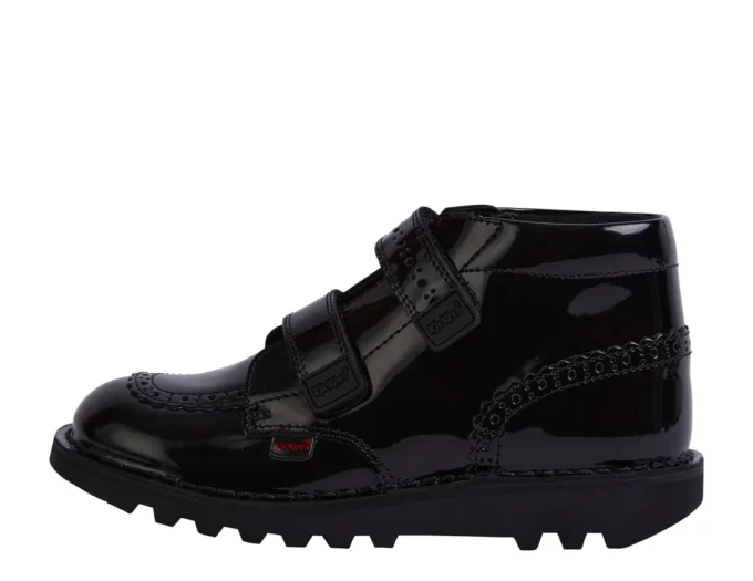 Kickers Kick Hi Vel Brogue en cuir verni noir pour filles Kickers Kick Hi Vel Brogue en cuir verni noir pour filles