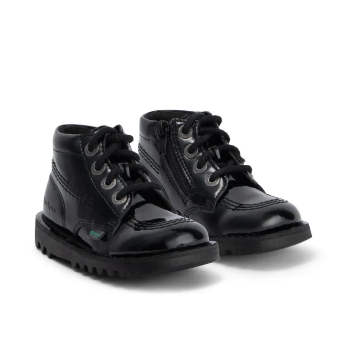 Kickers Kick Hi Zip en cuir et simili cuir verni noir pour filles en bas âge